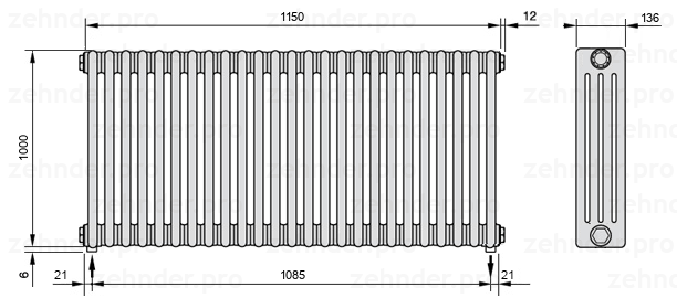 Схема (чертеж) Радиатор Zehnder Charleston 4100/25 №5310 Белый глянцевый RAL 9016